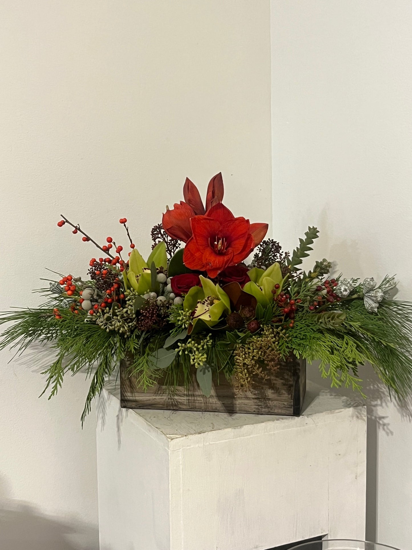 Amaryllis & Evergreen Luxe Wooden Table Arrangement